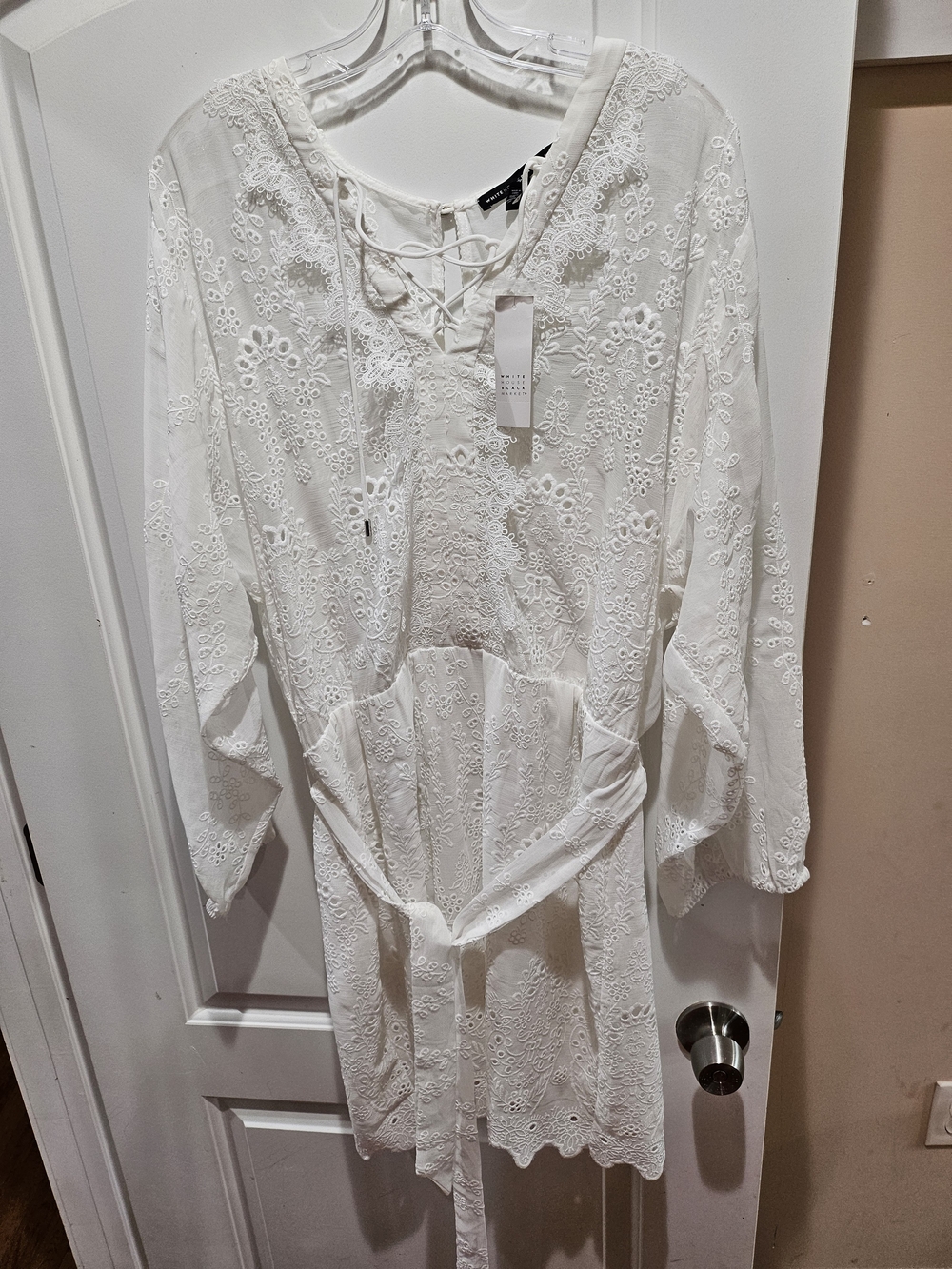 White House Black Market White Embroidered Lace-Up Long Sleeve Dress